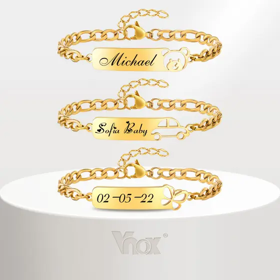Vnox Oco Borboleta Carro Pulseira Para Bebê Criança , Ouro Personalizado Nome Jóias Gidt