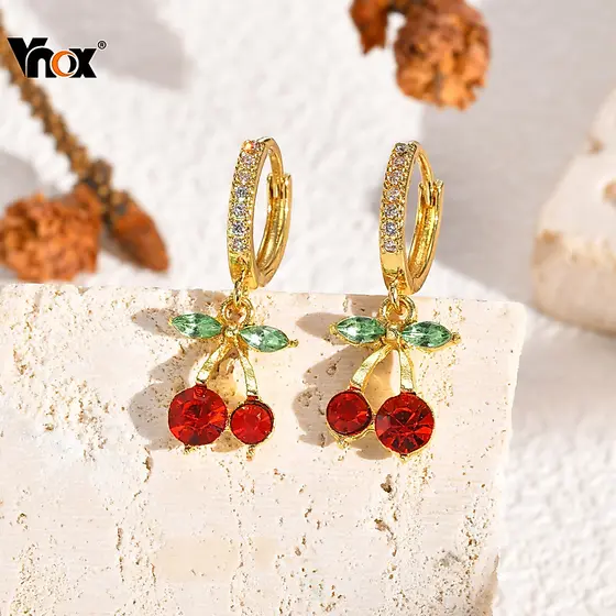 Brincos Pendentes De Cereja Vermelha Vnox Para Mulheres , Brinco Dourado De Zircônia , Acessórios De Joias Festa De Casa