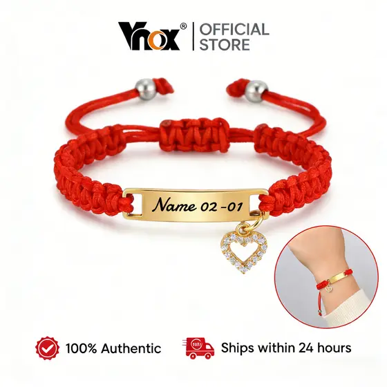 Pulseira Trançada Vermelha Gravada Banhada A Ouro Vnox Para Meninas , Infantil Personalizada Com Zircônia E Coração , Jo