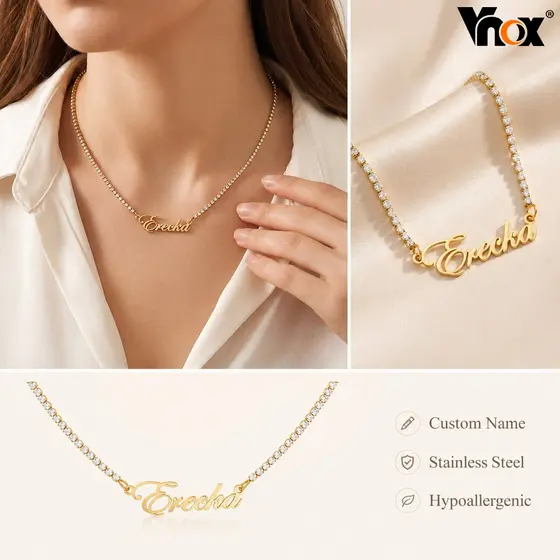 Colar Com Nome Dourado Vnox Para Mulheres , Corrente De Tênis Zircônia Completa , De Prata Personalizado , Presente Sem