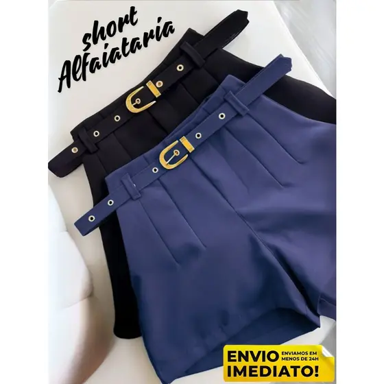 Short Feminino Alfaiataria com Cinto Forrado Social cintura alta
