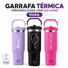 Garrafa Térmica de Água 900ml Personalizada a Laser Seu Nome Time Profissão Academia Trabalho Bico e Alça Premium