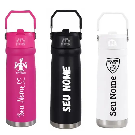 Garrafa Térmica Inox 650ml Personalizada com Nome Time Desenho Curso Canudo e Alça Flip Academia Fitness Escola Trabalho