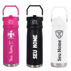 Garrafa Térmica Inox 650ml Personalizada com Nome Time Desenho Curso Canudo e Alça Flip Academia Fitness Escola Trabalho