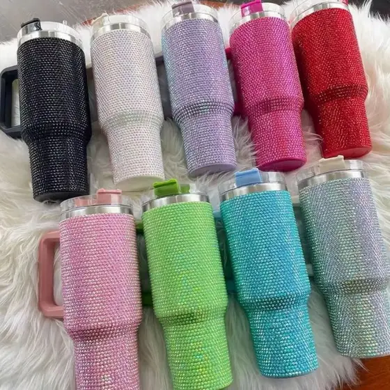 Copo Garrafa Térmica 1200ml Inox com Pedras Strass Colorido Brilhante Premium Com Tampa Alça Canudo