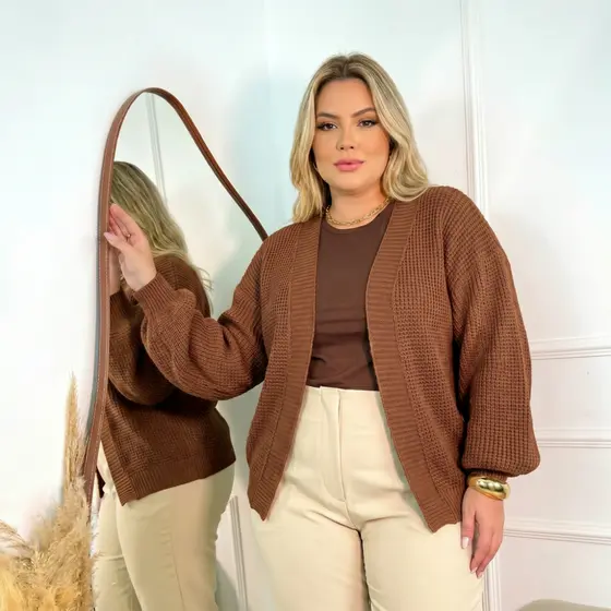 Cardigan Tricot Plus Size Feminino Casaco de Malha de Lã Cardigã Moda Inverno Manga Bufante Frio