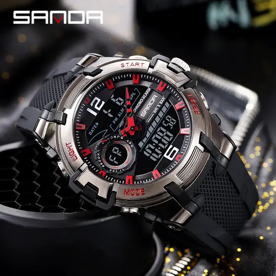 SANDA Relógio esportivo masculino relógio à prova d'água analógico luminoso militar moda LED digital multifuncional 6015