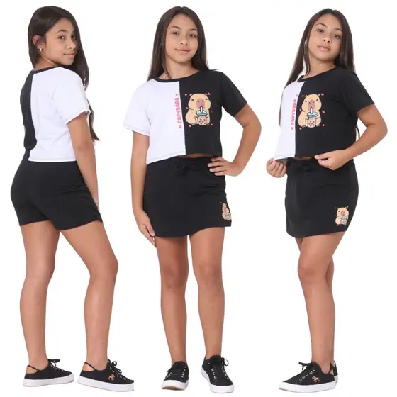 Conjunto Infantil Feminino Short Saia Cropped Capivara Moda Verao Cropped Infantil Short Infantil Saia Infantil Preto S