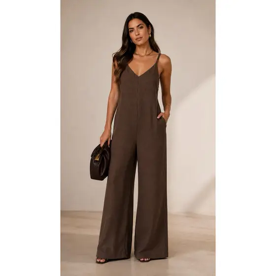 Macacão Longo Duna Wide Leg Pantalona Tendência Blogueira Moda Gringa