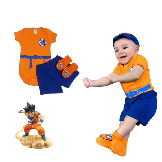 kit bebê 4 peças Goku, temáticos, mêsvesário, personagens-malha suedine 100% algodão