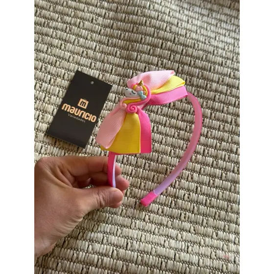 Tiara de cabelo infantil rosa amarelo com unicórnio