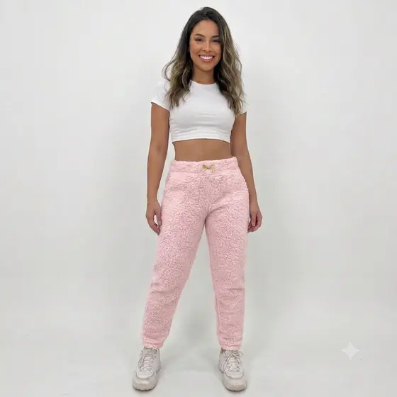 Calça jogger feminina Pelúcia cintura alta Teddy quentinha macia e confortável moda outono inverno
