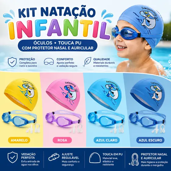 Kit Natação Infantil Óculos Touca PU com Protetor Nasal e Auricular