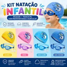 Kit Natação Infantil Óculos Touca PU com Protetor Nasal e Auricular