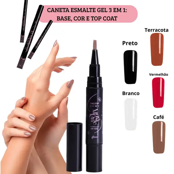 Caneta Esmalte Gel 3 em 1 Gel LED Secagem a UV/LED Base Top Coat Nail