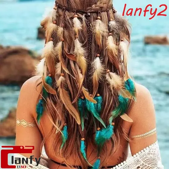 LANFY Cocar Estilo Boho , Faixa De Cabeça De Penas Com Borla Frisada , Fantasia Étnica Ajustável Arco-Íris Indiano