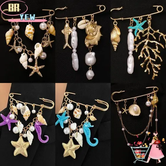 Broche Com Pingente De Concha YEE , De Imitação De Borla De Corrente De Metal Dourado , Contas Embelezadas