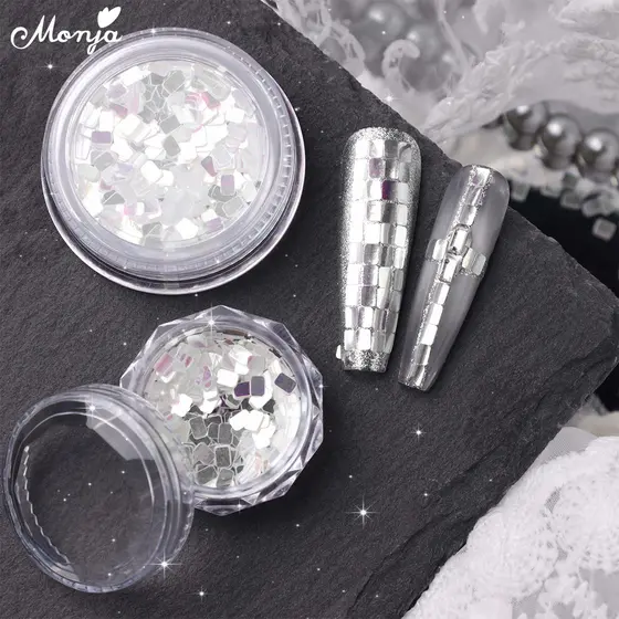Monja 3D Prata Quadrada Prego Lantejoulas Brilhantes Fragmentos Extravagantes Glitter Floco Holográfico Brilho Paillette