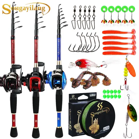 Sougayilang Conjunto Completo Vara De Pesca Telescópica 1.8-2.4 M Com Carretel De Arremesso 18 + 1BB 7.2 : Relação Da Engrenagem 1 E 100m PE Linha De Acessórios Kit