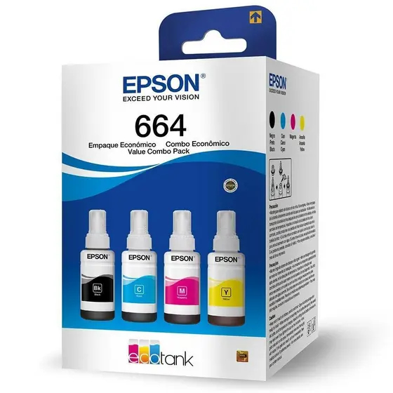 Kit Garrafa Epson T664 para Ecotank Preto, Ciano, Magenta, Amarelo
