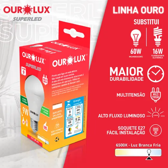 KIT 10 LÂMPADAS SUPERLED OUROLUX 9W BIV 6500K 20031