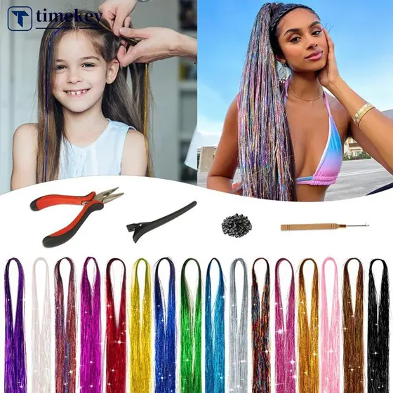 TIMEKEY Mulheres Tinsel Kit Glitter Perucas Um Clip-in Extensão De Cabelo Laser Fio Cor Destaque Tingido Sem Costura Per