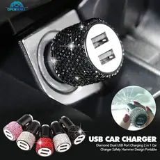 OM Diamante Porta USB Dupla Carregamento 2 Em 1 Carregador De Carro Martelo De Segurança Design Portátil