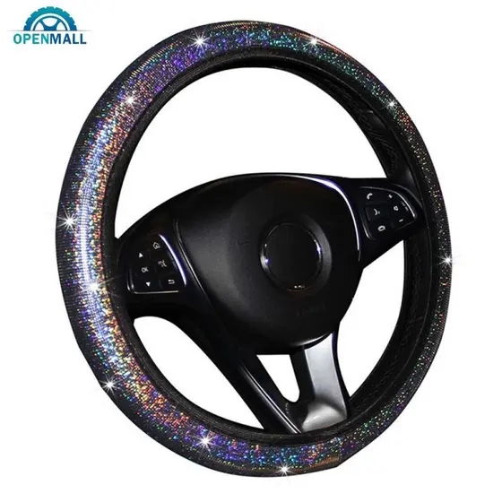 OPENMALL Diamante Arco-Íris Cristal Crystal Carro De Capa Do Volante PU Acessórios De Couro Para Automóveis Estilo 14,5-15 Polegadas Veículo C8Q9