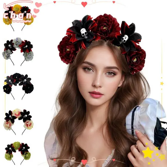 CHANBR Tiara De Coroa Floral , Faixa De Cabeça De Flor De Caveira Rosa Estilo Argola De Cabelo De Cor Ulti , Artificial