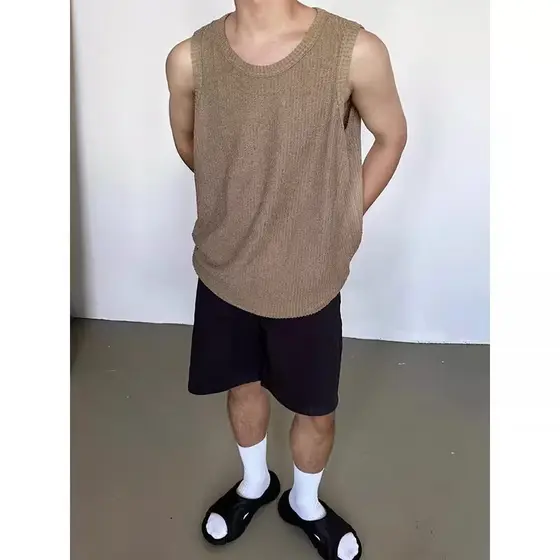 Verão estilo preguiçoso texturizado texturizado colete masculino High-End versão coreana Street Wear solto Pit Strip col