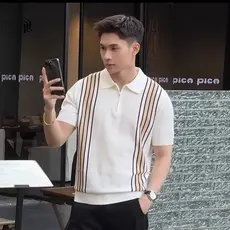 Luz estilo maduro contraste cor listrado lapela camisa POLO masculina verão gelo seda malha de manga curta camiseta masc