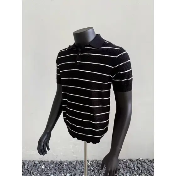 Verão puro algodão lapela de manga curta masculino abacaxi padrão listrado camisa polo malhas moda masculina Casual All-