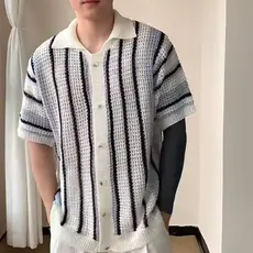 Verão grosso agulha oco malhas masculino Street Wear moda listras contraste cor lã malha Casual de manga curta