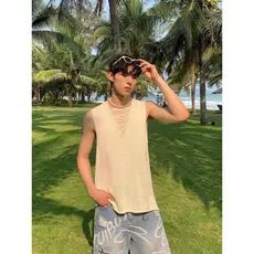 Verão estilo americano rua lã tecido com decote em V colete masculino malha Casual cor sólida simples estilo All-Match