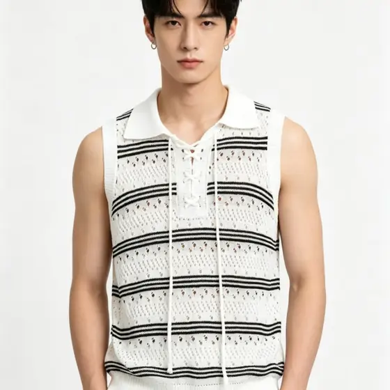 Camiseta listrada americana sem mangas, masculina, feminina, Design de rua, nicho 2026, verão, malha, colete com cadarço