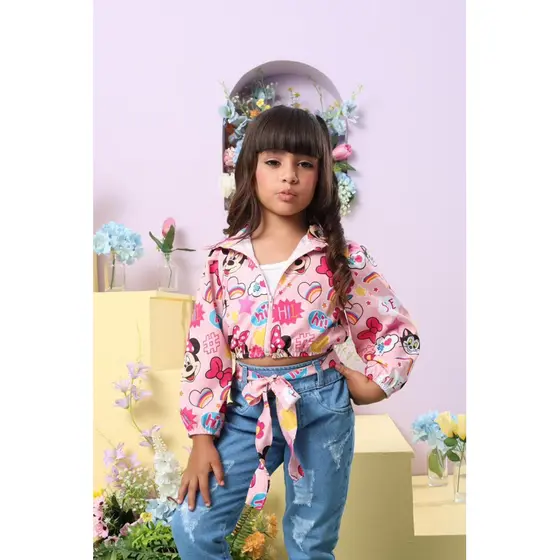 Corta vento Minie com calça jeans e top 4 peças conjunto infantil