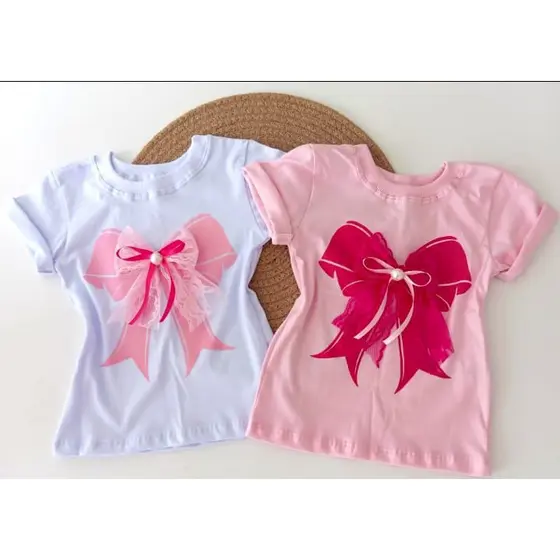 T shirt camiseta Infantil menina 100% Algodão com Renda e Pérola