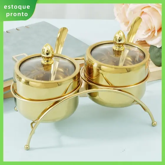 Conjunto De Açucareiro De Aço Inoxidável Com Suporte De Tampa De Vidro Transparente Caixa De Tempero À Prova De Ferrugem Lisa Recipiente De Condimento Compacto Açúcar Reutilizável SHOPSKC1090
