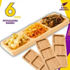 Kit 6 - Petisqueira 100% Bambu Retangular C/3 Divisórias Queijo Fondi Petiscos Patê Frutas Amendoim Dia Dos Namorados