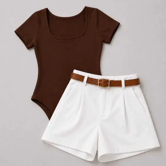 Conjunto Feminino Body Quadrado+Short Alfaiataria Com Bolso e Cinto  Moda Casual