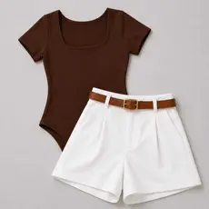 Conjunto Feminino Body Quadrado+Short Alfaiataria Com Bolso e Cinto  Moda Casual