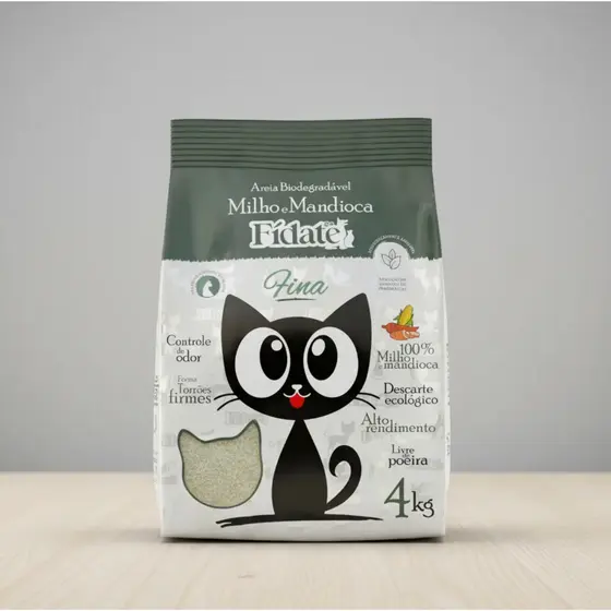 Areia De Gato Biodegradável Fídate 4kg Natural Milho e Mandioca Zero Poeira Sem Cheiro