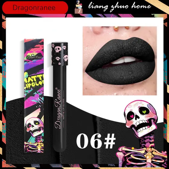 Dragon Ranee 12 Cores Halloween Lip Gloss Maquiagem Preto Verde Roxo Batom Natal Tint Hidratante À Prova D'água Matte Pigmento Labial