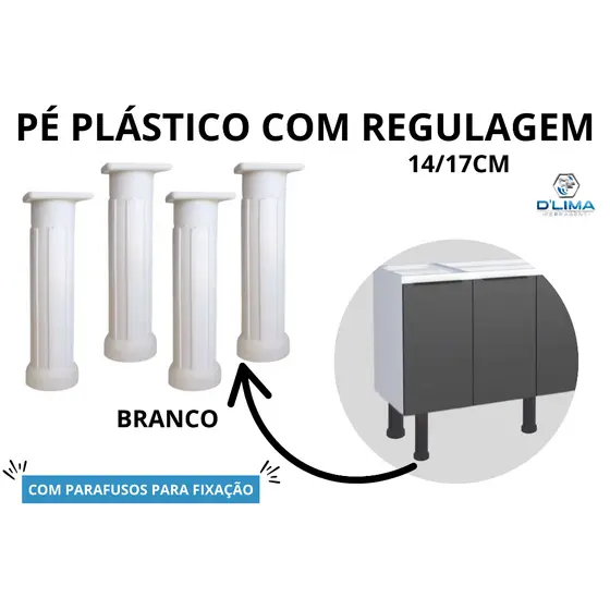 Kit 4 Pé Plástico Regulagem De Armário Móveis Cozinha Pia Gabinete 14 Até 17cm  Branco