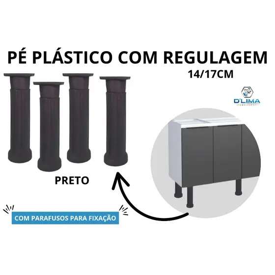 Kit 4 Pé Plástico Regulagem De Armário Móveis Cozinha Pia Gabinete 14 Até 17cm Preto pézinho