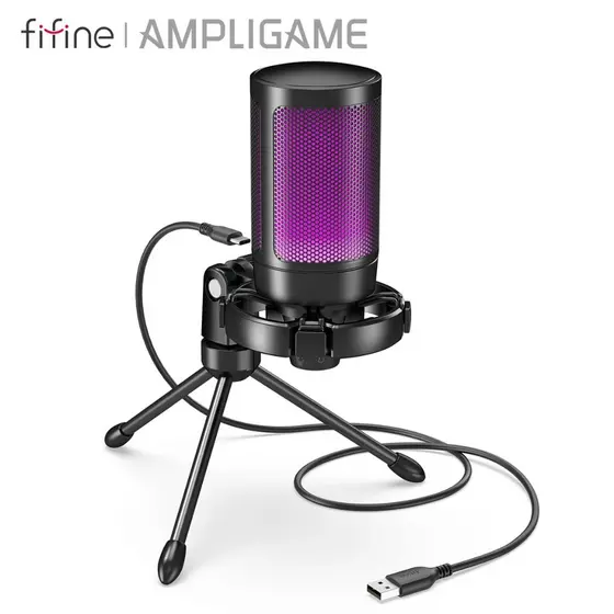 Microfone Gamer FIFINE Ampligame A2 Preto - Condensador, RGB, Tap Mute, com Tripé