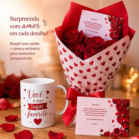 Buquê De Rosas Vermelhas + Caneca + Cartão Presente Romântico Namorados