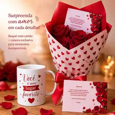 Buquê De Rosas Vermelhas + Caneca + Cartão Presente Romântico Namorados