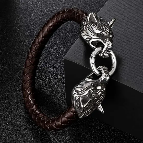 Pulseira Couro Sintético Marrom Cabeça De Lobo Viking
