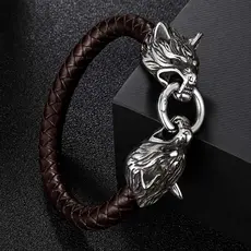 Pulseira Couro Sintético Marrom Cabeça De Lobo Viking